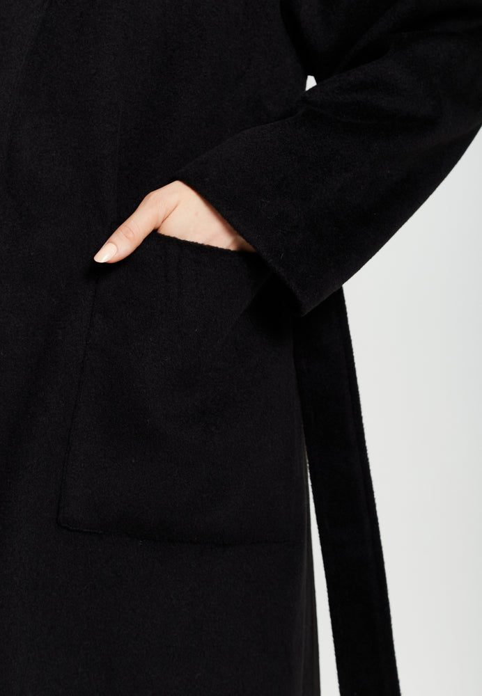 Liquorish Belted Longline Coat In Black