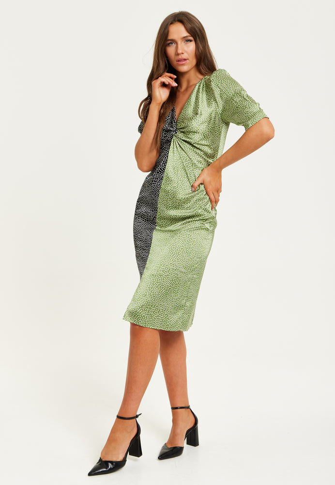 Liquorish Polka Dot Print Knot Front Midi Dress In Contrast Colours With Short Sleeves