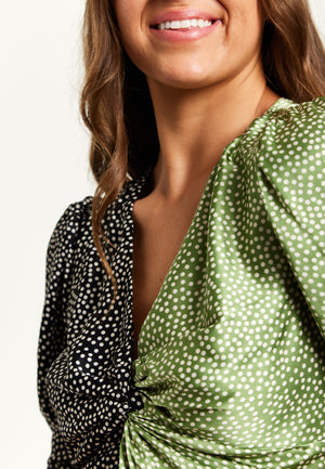 Liquorish Polka Dot Print Knot Front Midi Dress In Contrast Colours With Short Sleeves