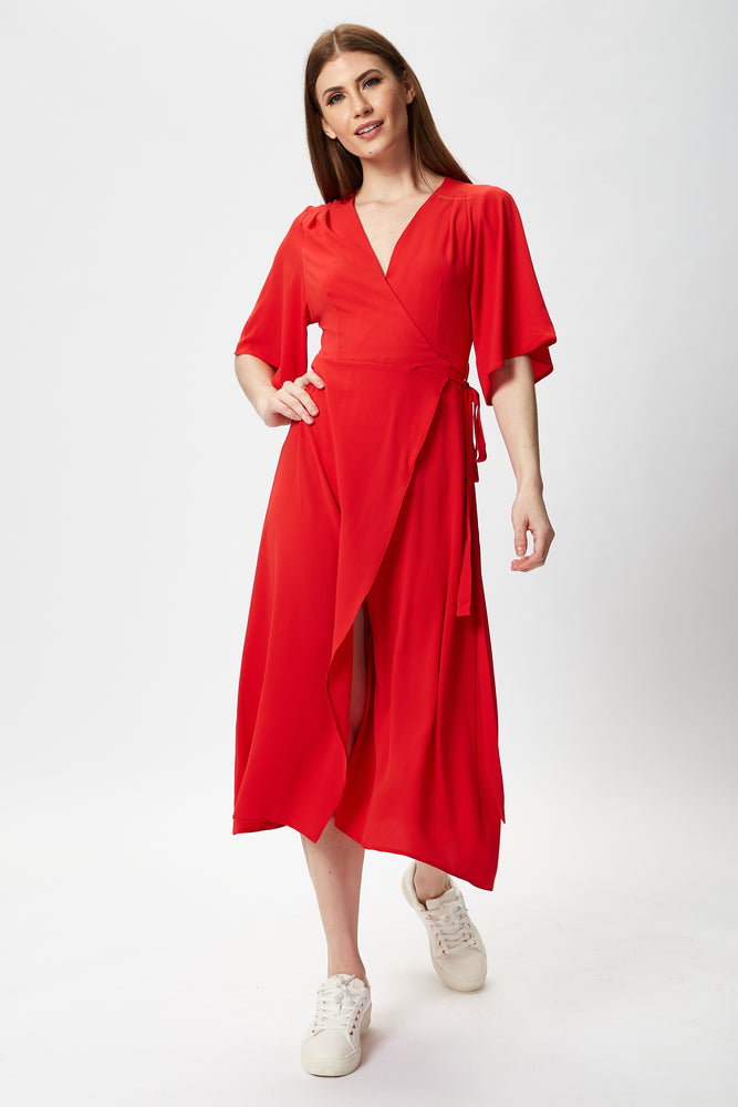 Liquorish Red Midi Wrap Dress with Short Sleeves