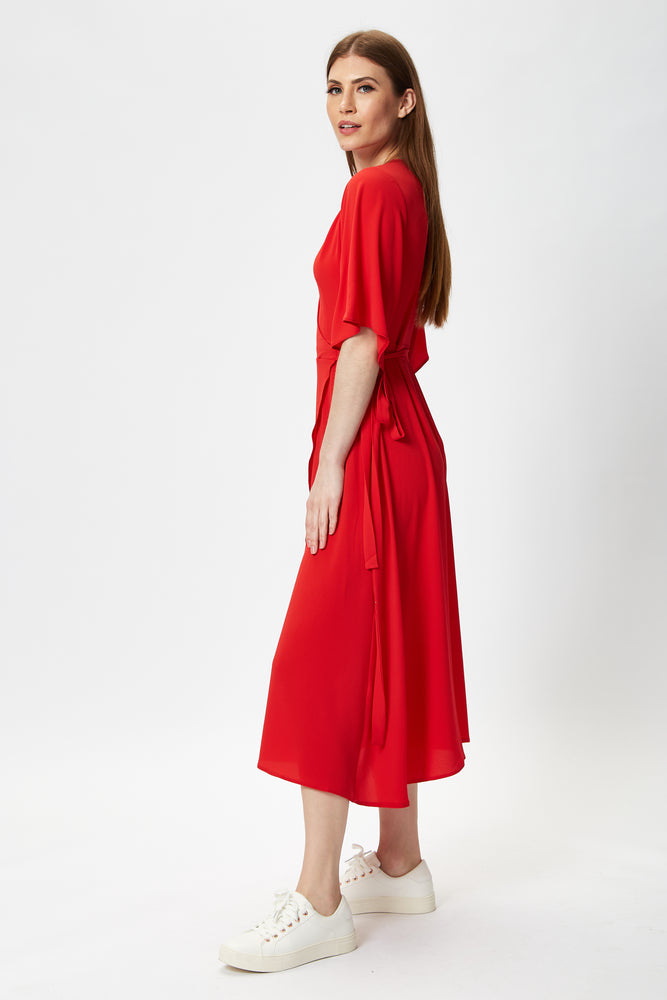 Liquorish Red Midi Wrap Dress with Short Sleeves