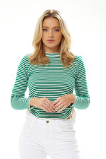 Liquorish Top in Green and White Stripes with Long Sleeves