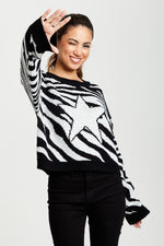 Liquorish Star Jumper In Black And White Zebra Pattern