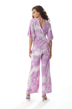 Liquorish Jumpsuit with Short Sleeves in White and Pink Tie Dye