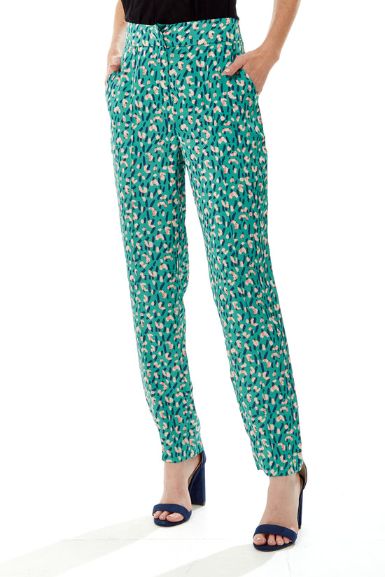 Liquorish Women's Trousers in Green with Straight Leg Tailored Fit - All Over Stroke Print by Liquorish