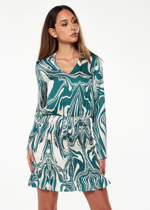 Liquorish Marble Print Dress in Green