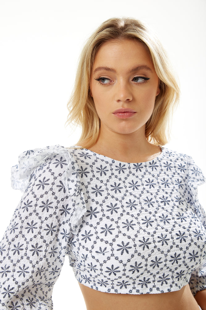 Liquorish Open Back Floral Crop Top in White