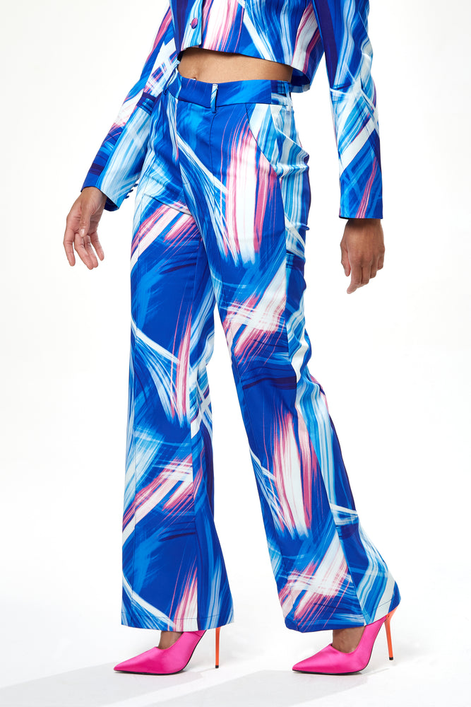 Liquorish graphic print suit trouser & in blue, white & pink