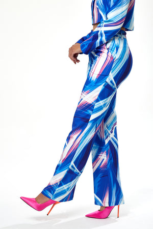 Liquorish graphic print suit trouser & in blue, white & pink