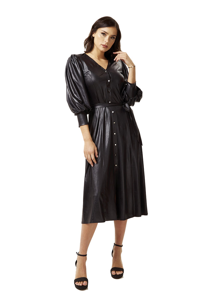 PU Midi Shirt Dress in Black with Balloon Sleeves