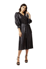 PU Midi Shirt Dress in Black with Balloon Sleeves