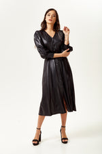 PU Midi Shirt Dress in Black with Balloon Sleeves