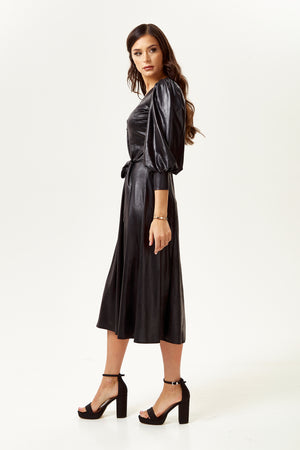 PU Midi Shirt Dress in Black with Balloon Sleeves