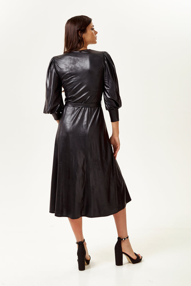 PU Midi Shirt Dress in Black with Balloon Sleeves