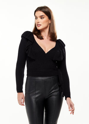 Divine Grace Frill Sleeve Detail Wrap Cardigan in Black