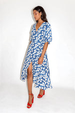Navy Floral Midi Wrap Dress with Kimono Sleeves