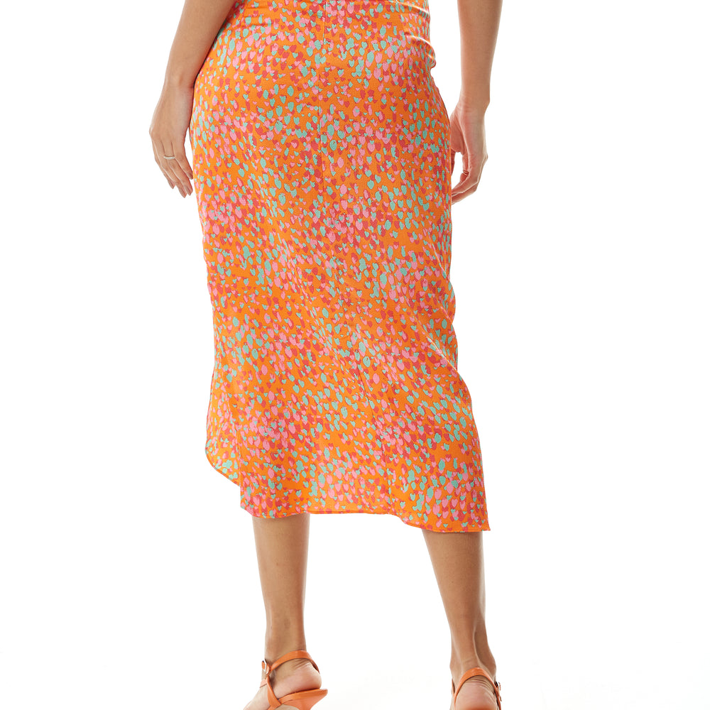 
                  
                    Liquorish Midi Skirt with Gathering and Buttons on front in Orange Print
                  
                