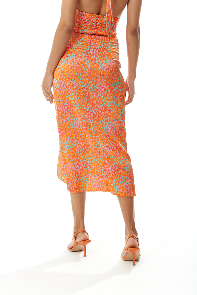 Liquorish Midi Skirt with Gathering and Buttons on front in Orange Print