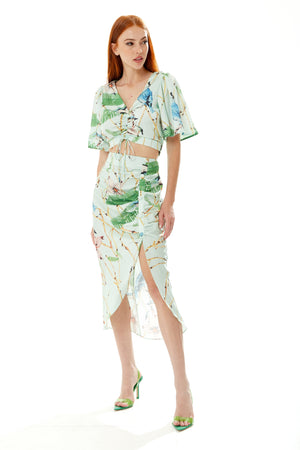 Liquorish Bird Print Midi Skirt in Mint Green