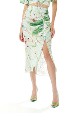 Liquorish Bird Print Midi Skirt in Mint Green
