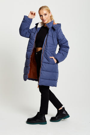 Liquorish Hooded Puffer Coat In Navy