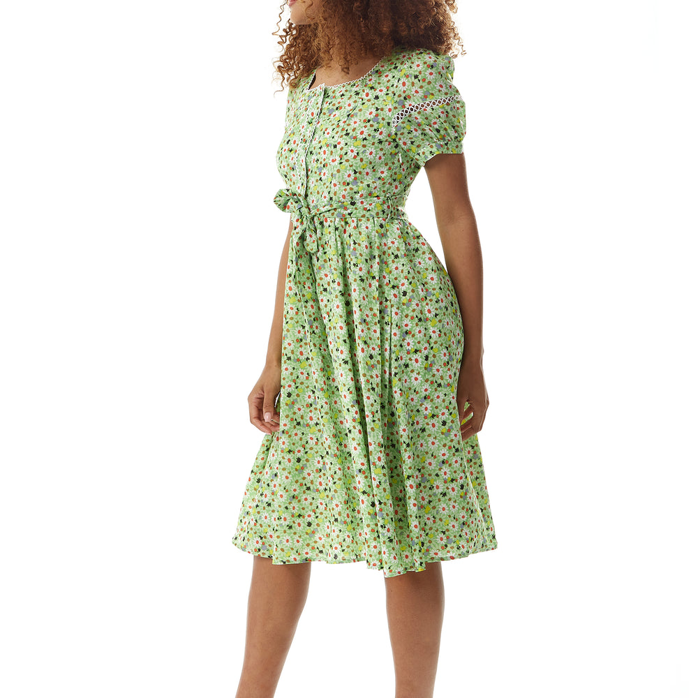 
                  
                    Liquorish Green Floral Midi Dress with Trim Lace Details
                  
                
