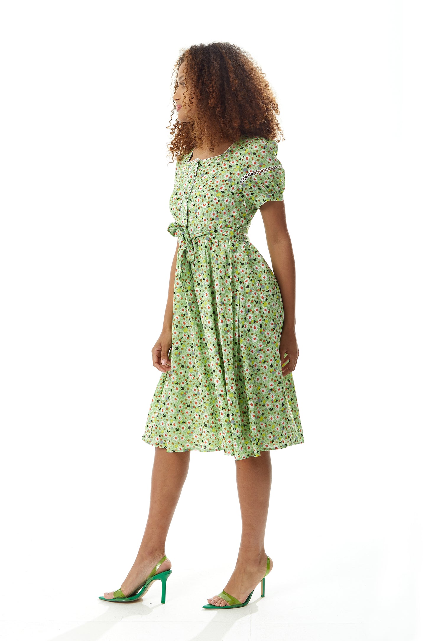 
                  
                    Liquorish Green Floral Midi Dress with Trim Lace Details
                  
                