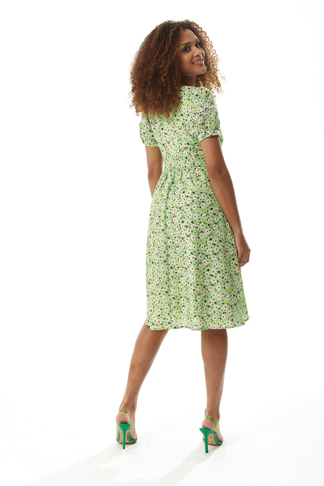 Liquorish Green Floral Midi Dress with Trim Lace Details
