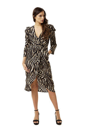 Liquorish Zebra Print Wrap Effect Midi Dress
