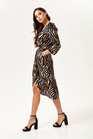 Liquorish Zebra Print Wrap Effect Midi Dress