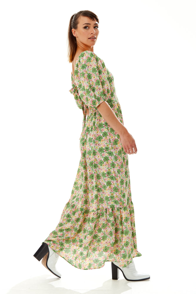 Liquorish Green Floral Maxi Dress with Cut out Back