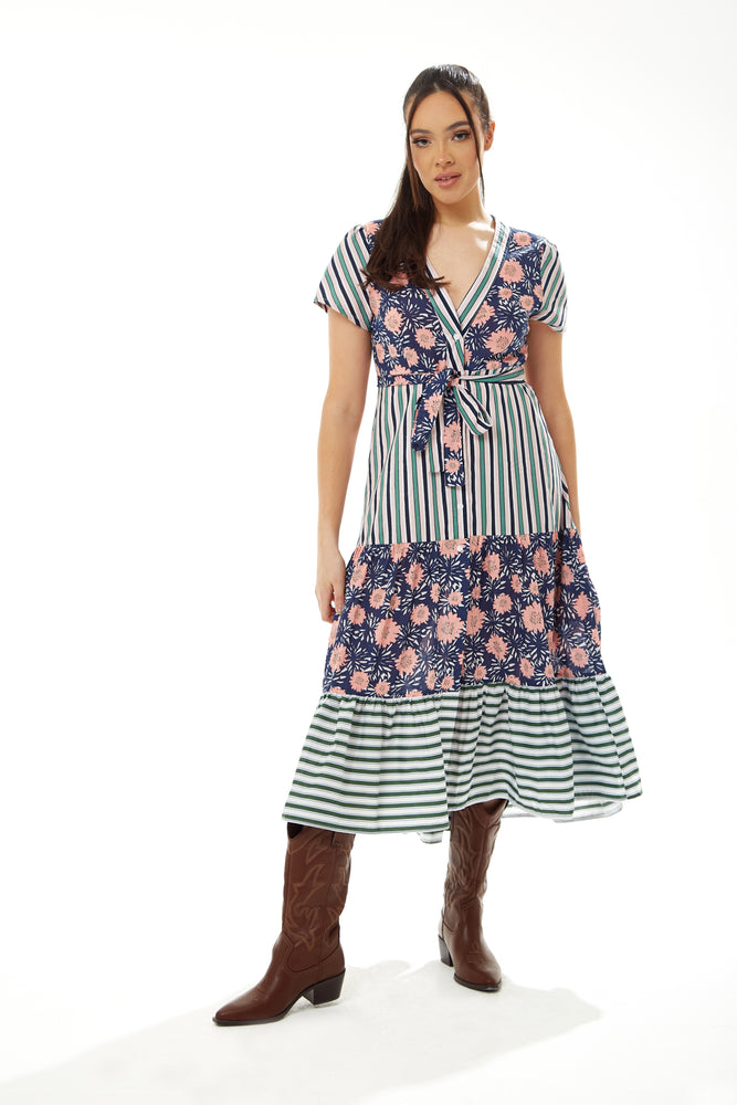 Liquorish Long Midi Frill Shirt Dress in Mixed Stripe & Floral Print