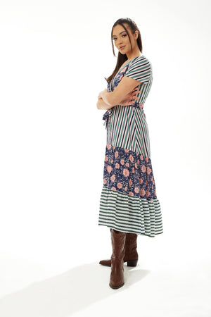 Liquorish Long Midi Frill Shirt Dress in Mixed Stripe & Floral Print
