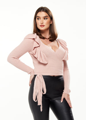 Divine Grace Frill Sleeve Detail Wrap Cardigan in Pink