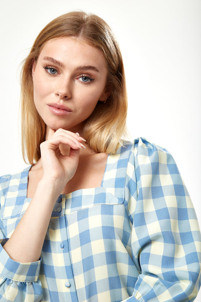 Liquorish Blue Gingham Puff Sleeve Dress
