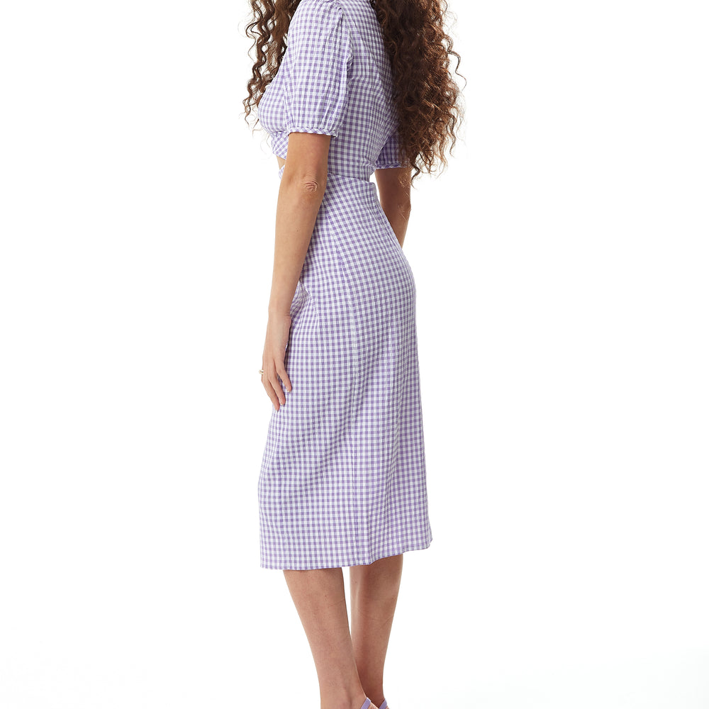 
                  
                    Liquorish Gingham Cut out front Midi Dress in Lilac and White
                  
                
