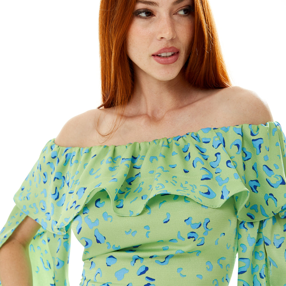 
                  
                    Liquorish Ruffle Long Sleeve Off The Shoulder Top With Sleeve Slits In Green Animal
                  
                