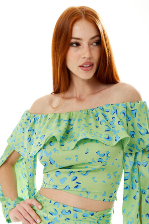 Liquorish Ruffle Long Sleeve Off The Shoulder Top With Sleeve Slits In Green Animal