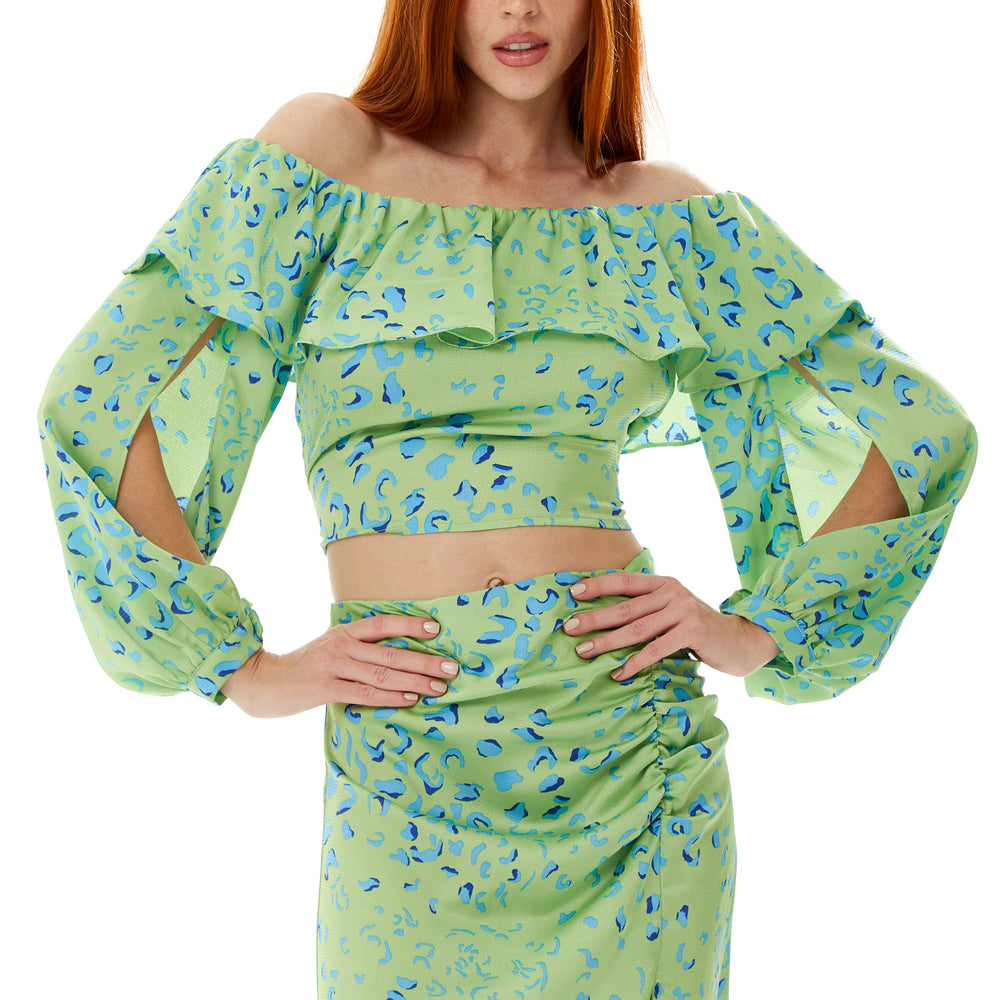 
                  
                    Liquorish Ruffle Long Sleeve Off The Shoulder Top With Sleeve Slits In Green Animal
                  
                