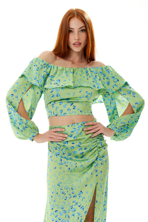 Liquorish Ruffle Long Sleeve Off The Shoulder Top With Sleeve Slits In Green Animal