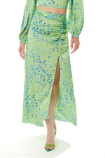 Liquorish Gathered Front Maxi Skirt With a Slit in Green Animal