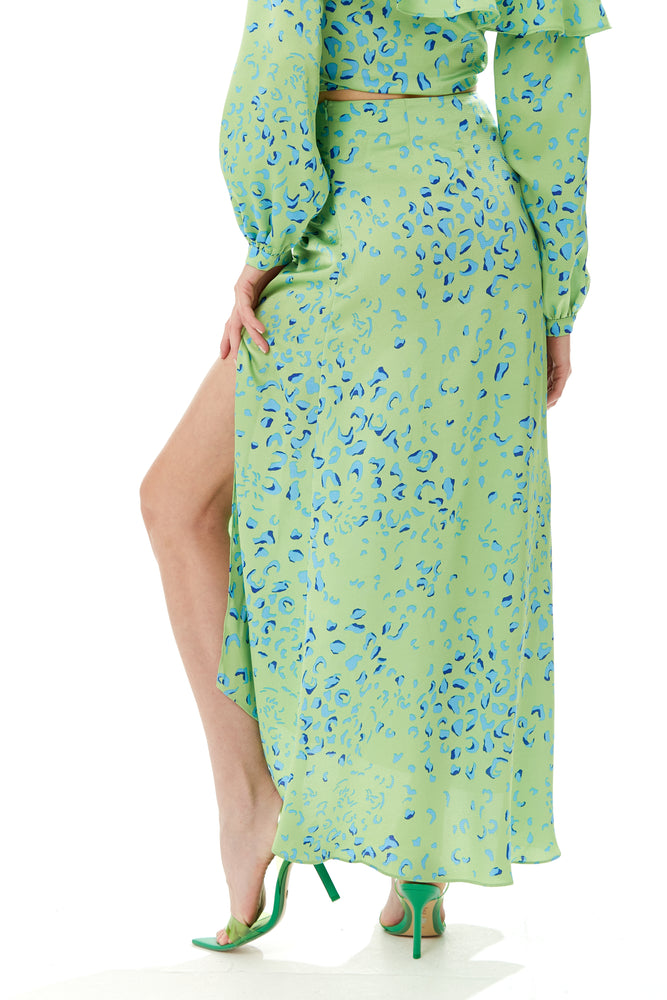 Liquorish Gathered Front Maxi Skirt With a Slit in Green Animal