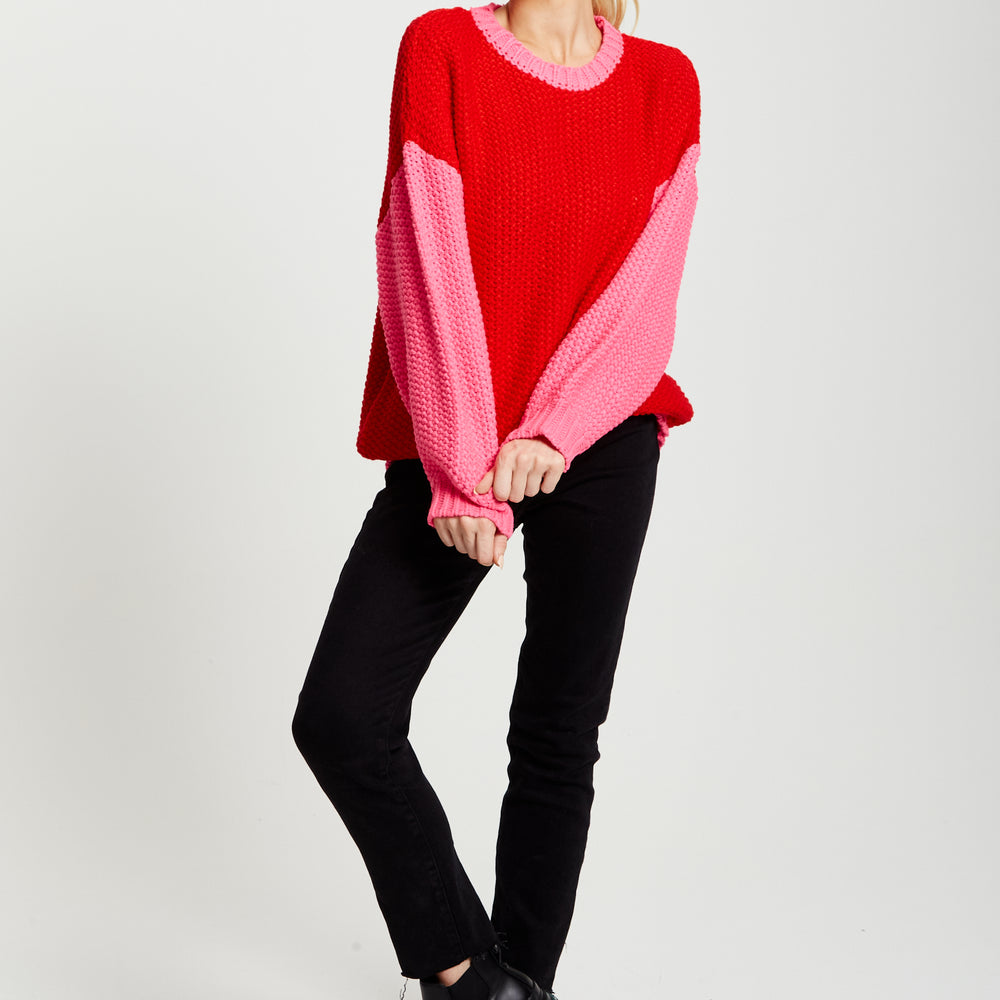 
                  
                    Liquorish Contrast Sleeve Jumper In Pink And Red
                  
                