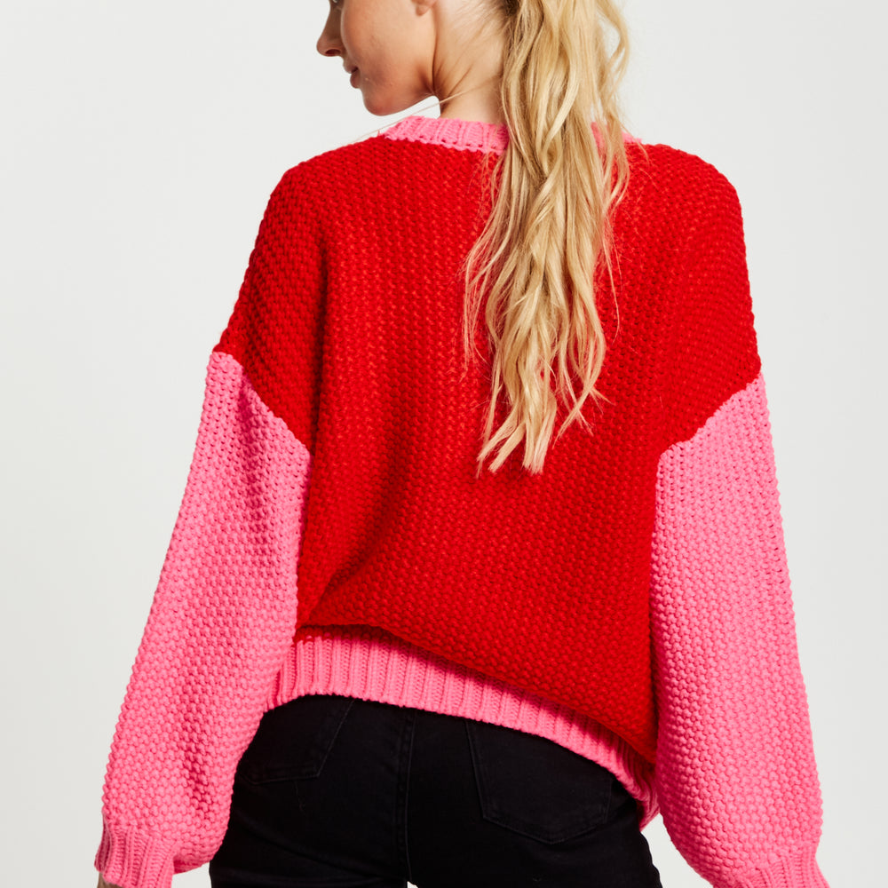 
                  
                    Liquorish Contrast Sleeve Jumper In Pink And Red
                  
                