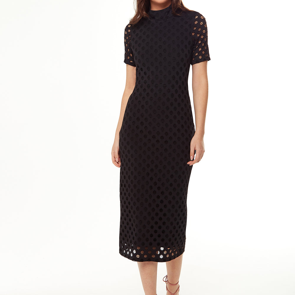 
                  
                    Liquorish Midi Dress with High Neck, Short Sleeves and Open Back Detail in Black
                  
                