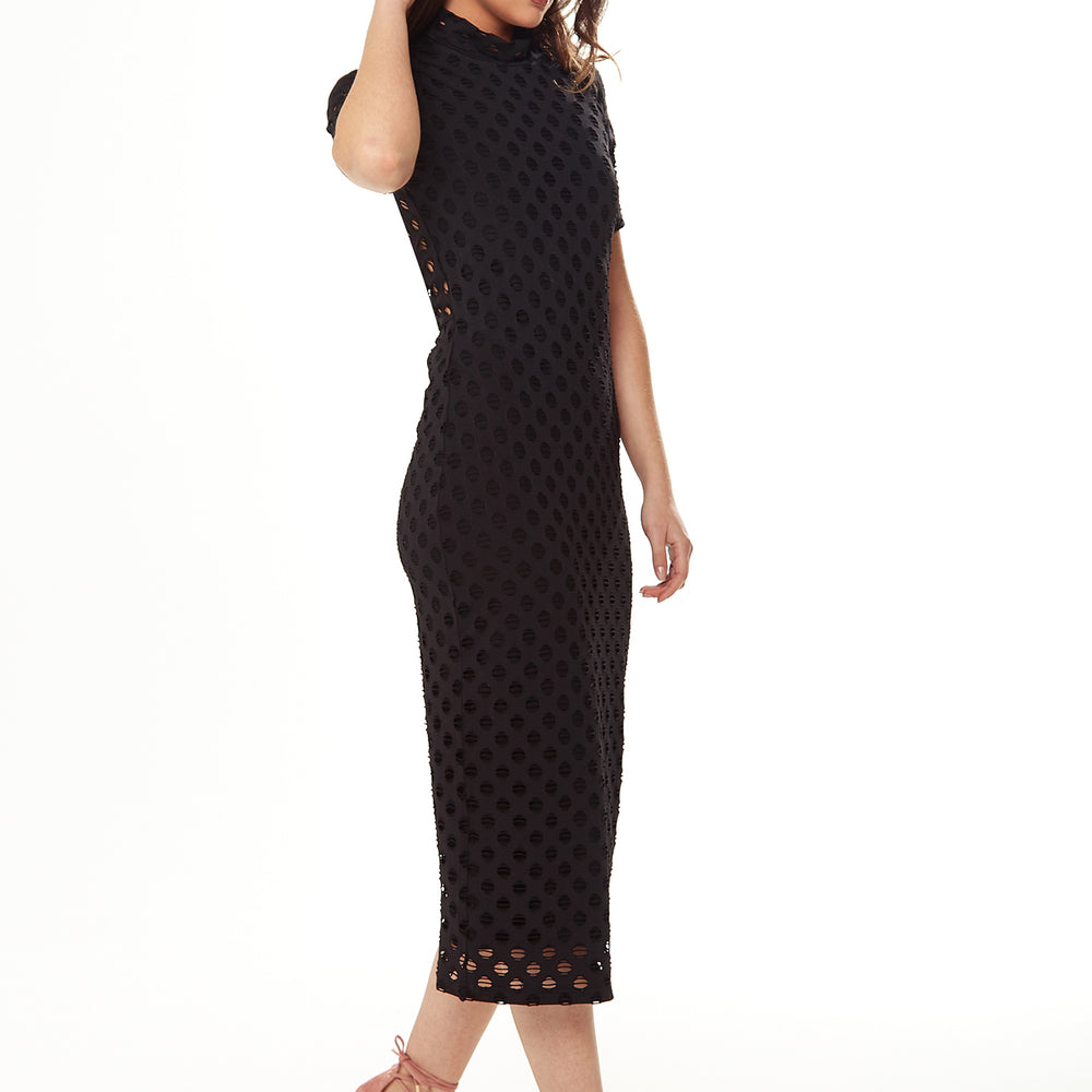 
                  
                    Liquorish Midi Dress with High Neck, Short Sleeves and Open Back Detail in Black
                  
                