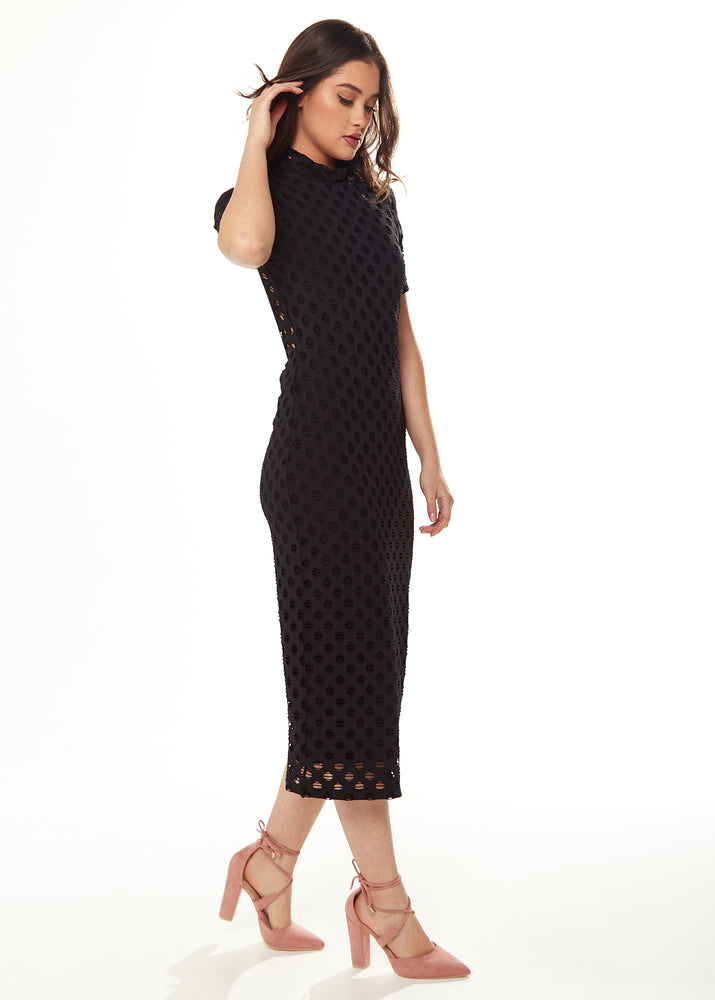 Liquorish Midi Dress with High Neck, Short Sleeves and Open Back Detail in Black