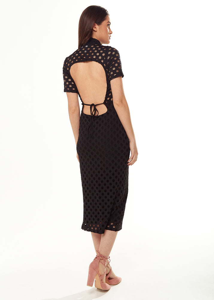 Liquorish Midi Dress with High Neck, Short Sleeves and Open Back Detail in Black
