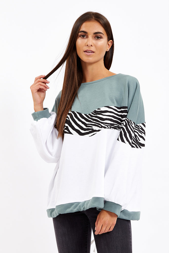 Liquorish Sage & Zebra & White Layered Sweatshirt