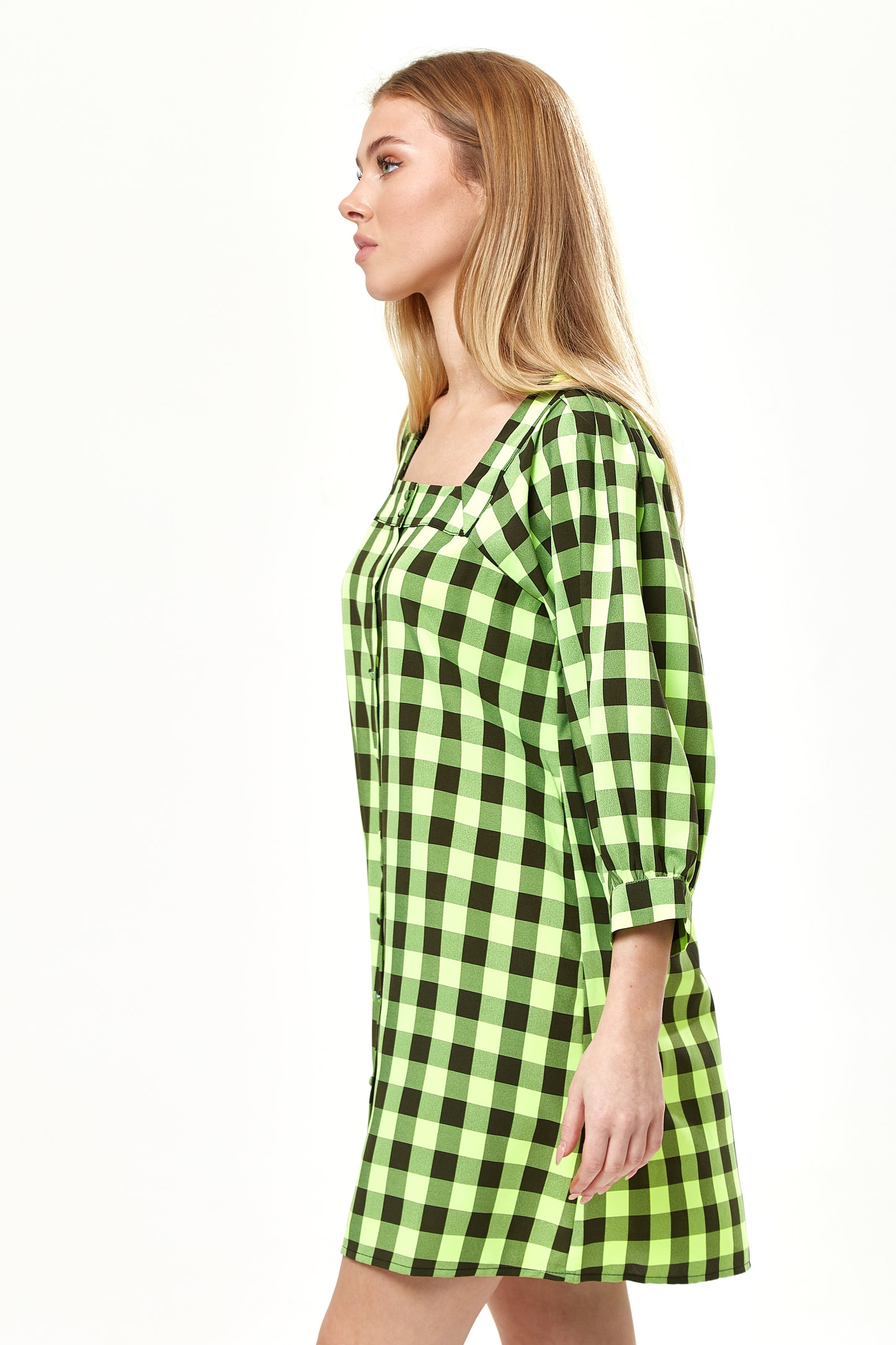 Women's Mini Dress with Puff Sleeves in Neon Green Gingham, Button-Up Liquorish Online Women's Mini Dress with Puff Sleeves in Neon Green Gingham, Button-Up Liquorish Online